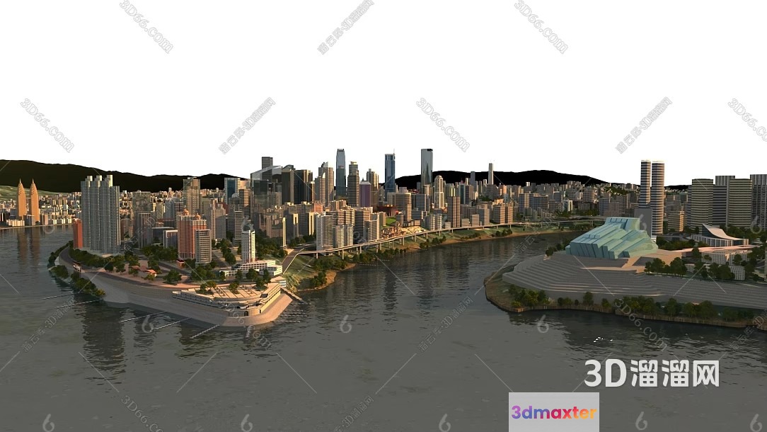 The Main Subject Is A Cityscape With A River Featuring A 3 3D Model - 332 - VRAY Render