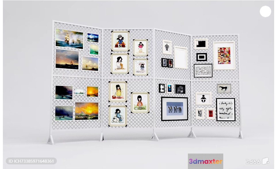 A White Three-Panel Room Divider With Various Framed Pictures 3D Model - 14252 - VRAY Render