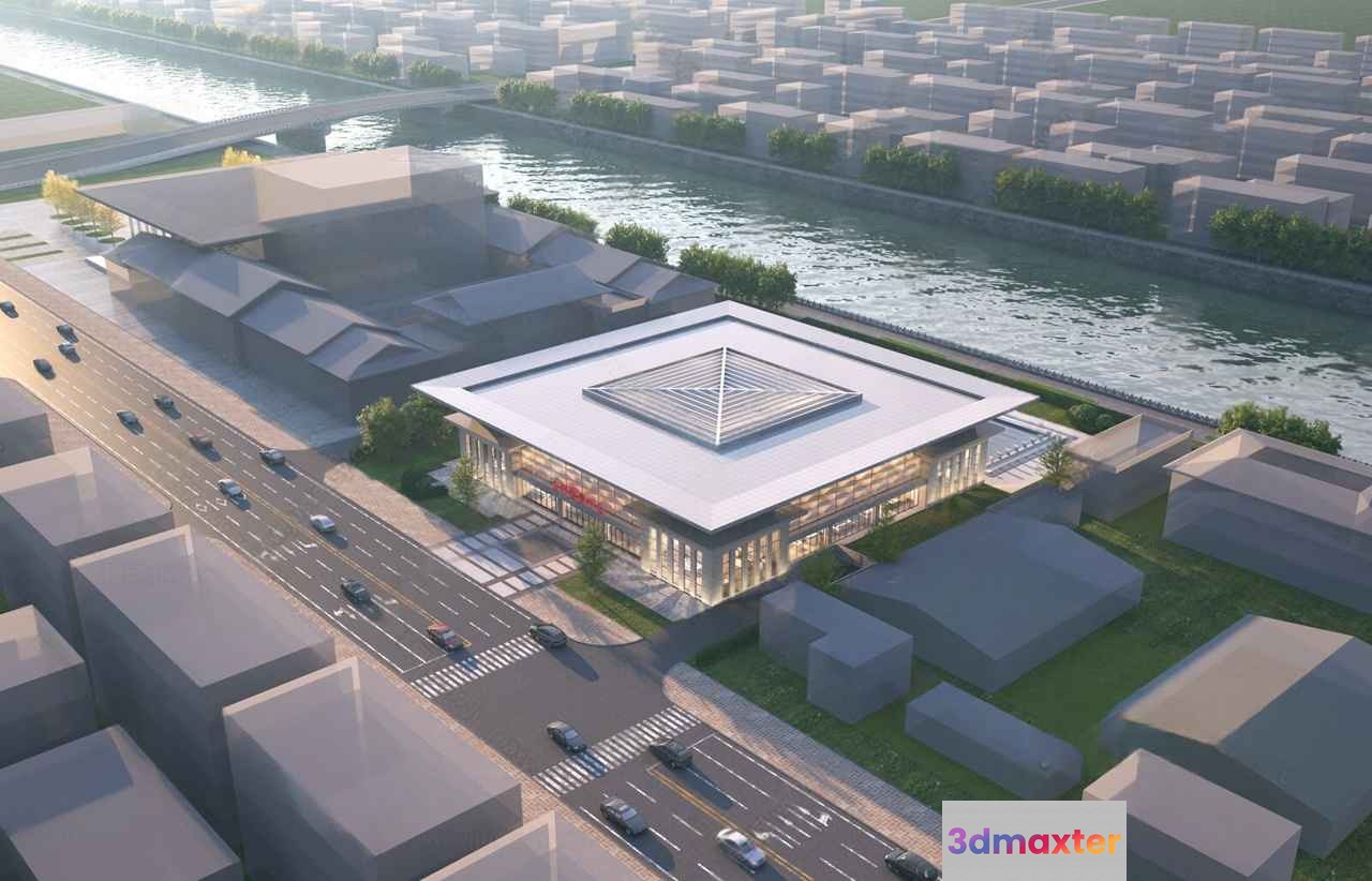 This Image Depicts A Modern Building Situated In A City Featuring A Large White 3D Model - 11121 - VRAY Render