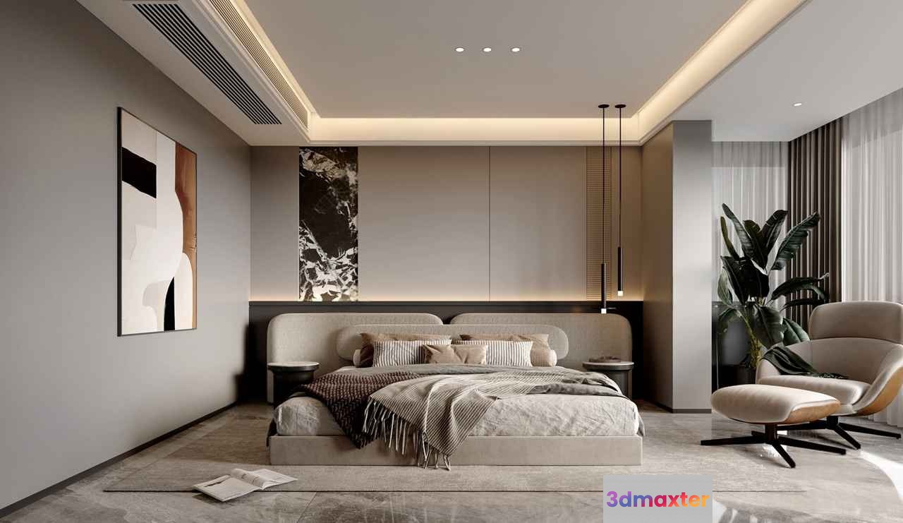 Modern Light Bedroom 3D Model - 16825 - VRAY Render