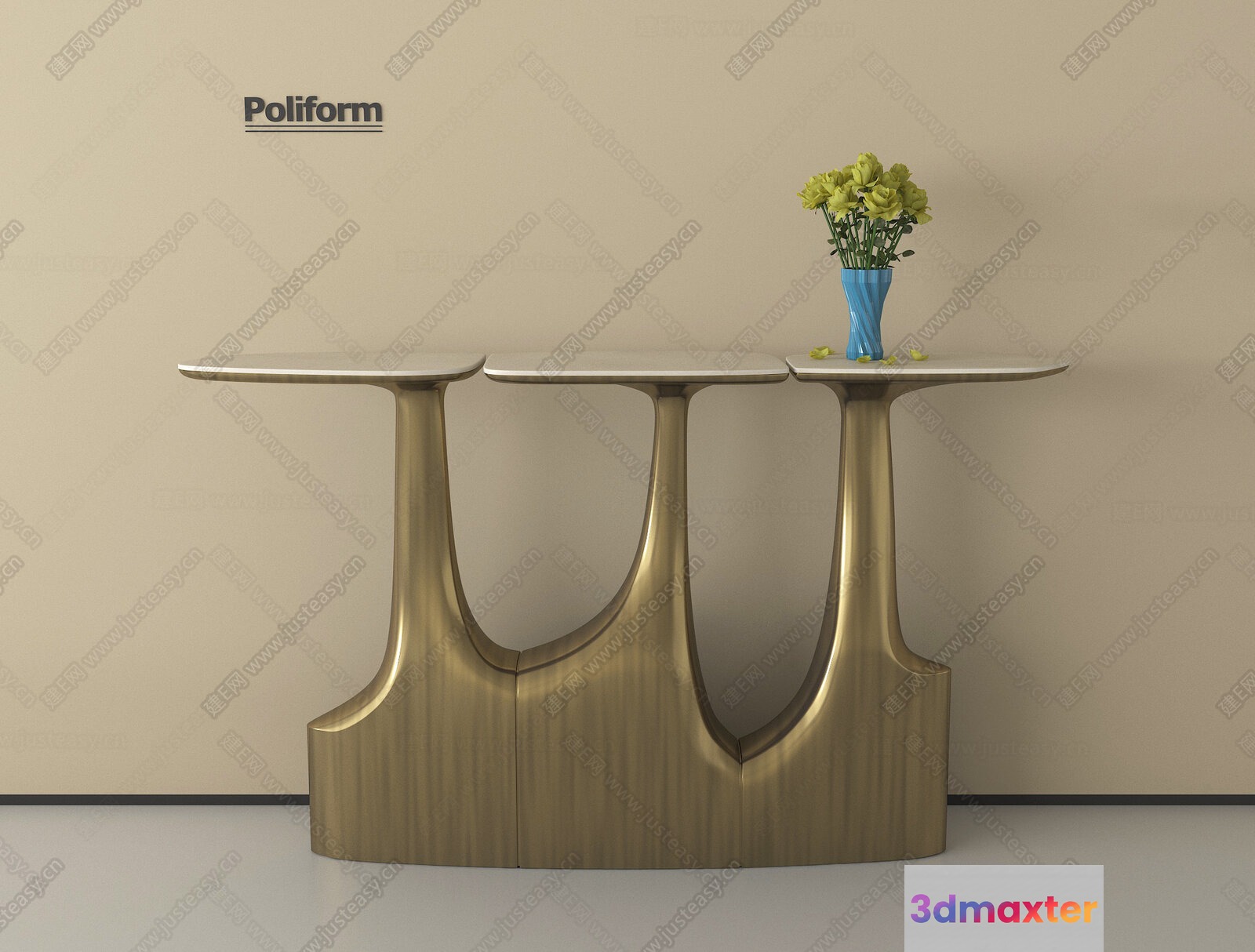 Gold Table With A Vase 3D Model - 13335 - VRAY Render