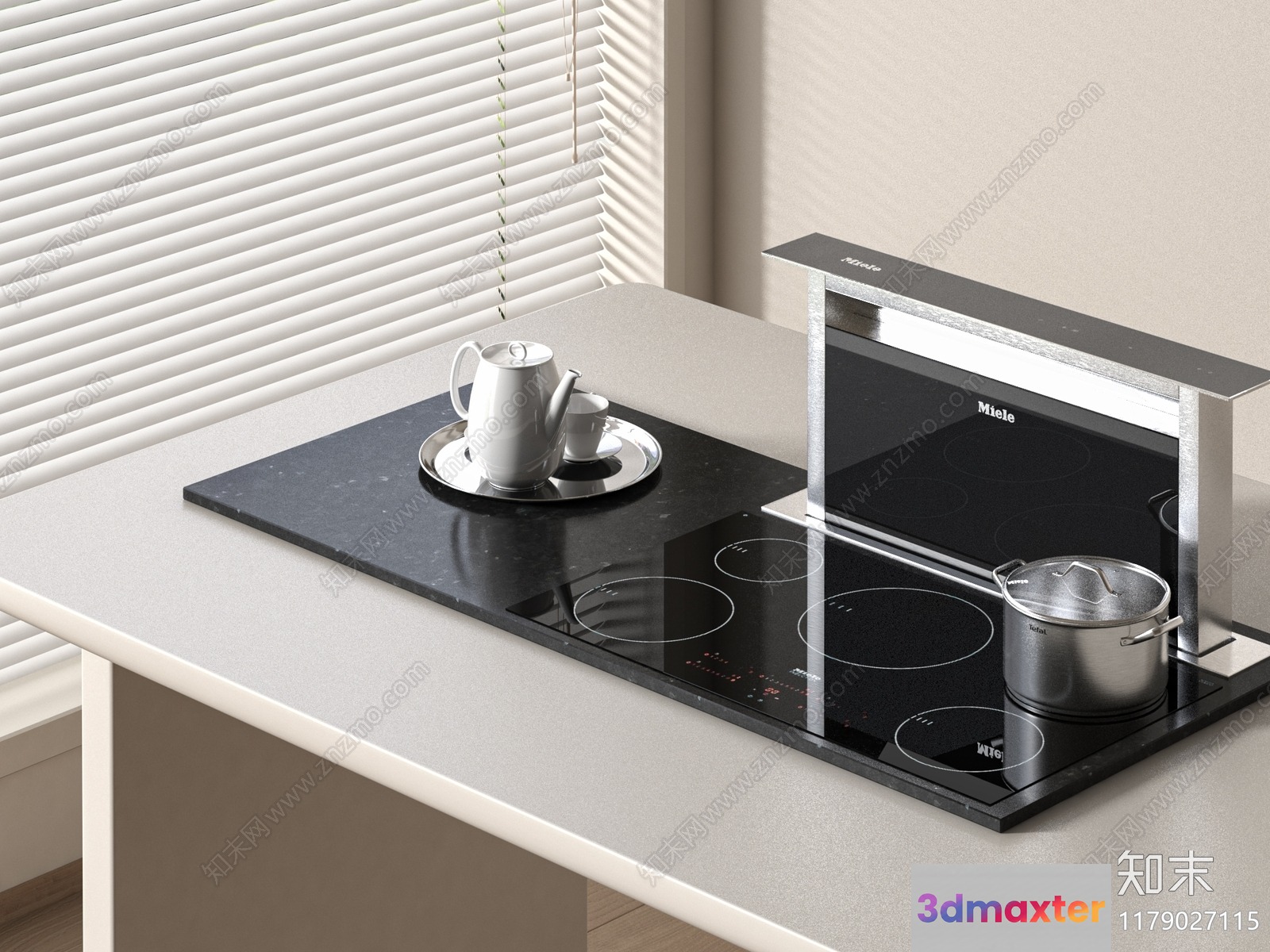 A Kitchen Countertop With A Built-In Cooktop And A Window With Blinds 3D Model - 11214 - VRAY Render
