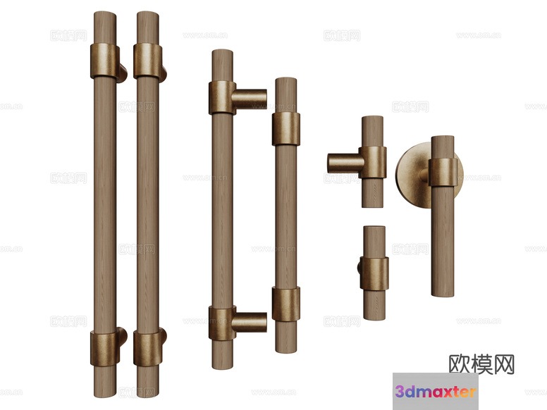 A Collection Of Gold And Wood Door Handles 3D Model - 7666 - CORONA Render