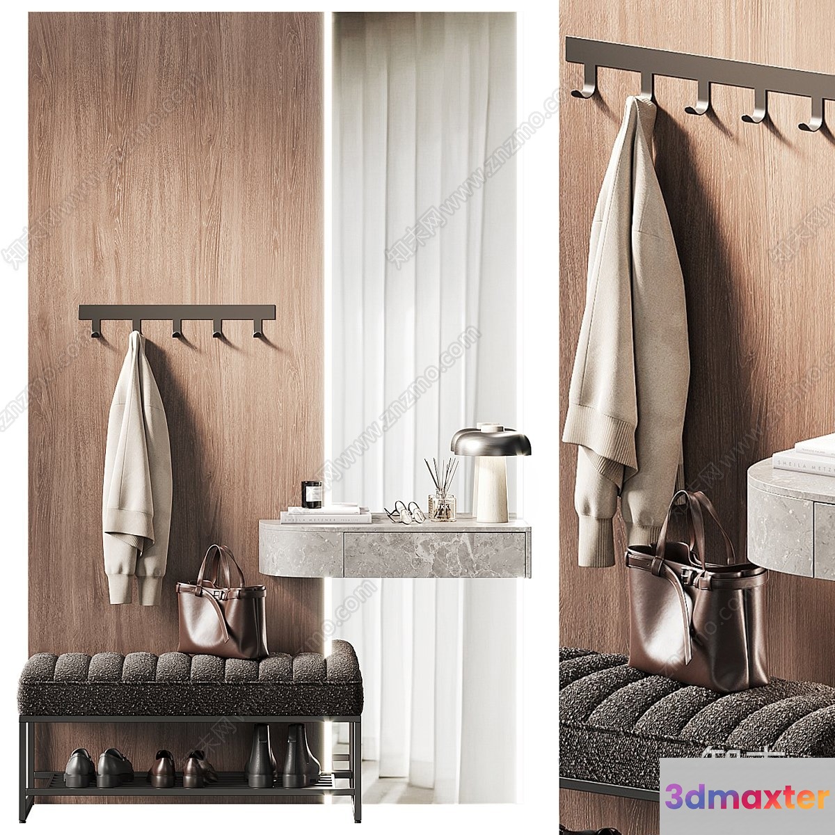 Cozy Entryway With Bench And Coat Rack 3D Model - 15513 - VRAY Render