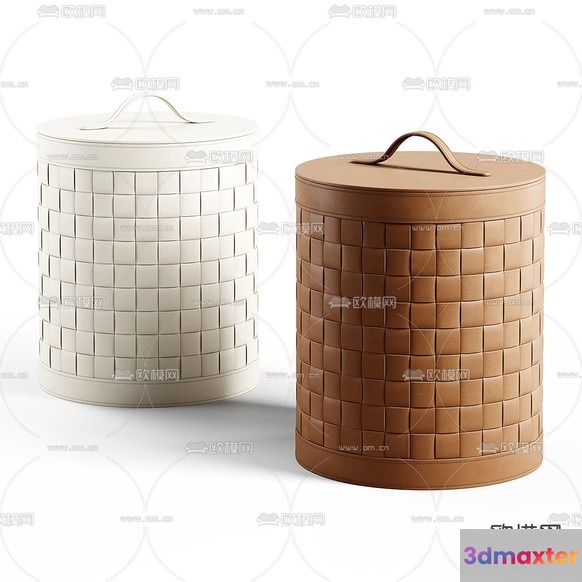 Two Cylindrical Containers With Lids Made Of Leather Or Faux Leather 3D Model - 17311 - VRAY Render