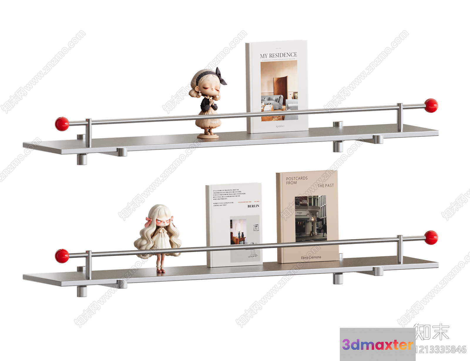 A Shelf With Figurines And Books 3D Model - 9886 - VRAY Render