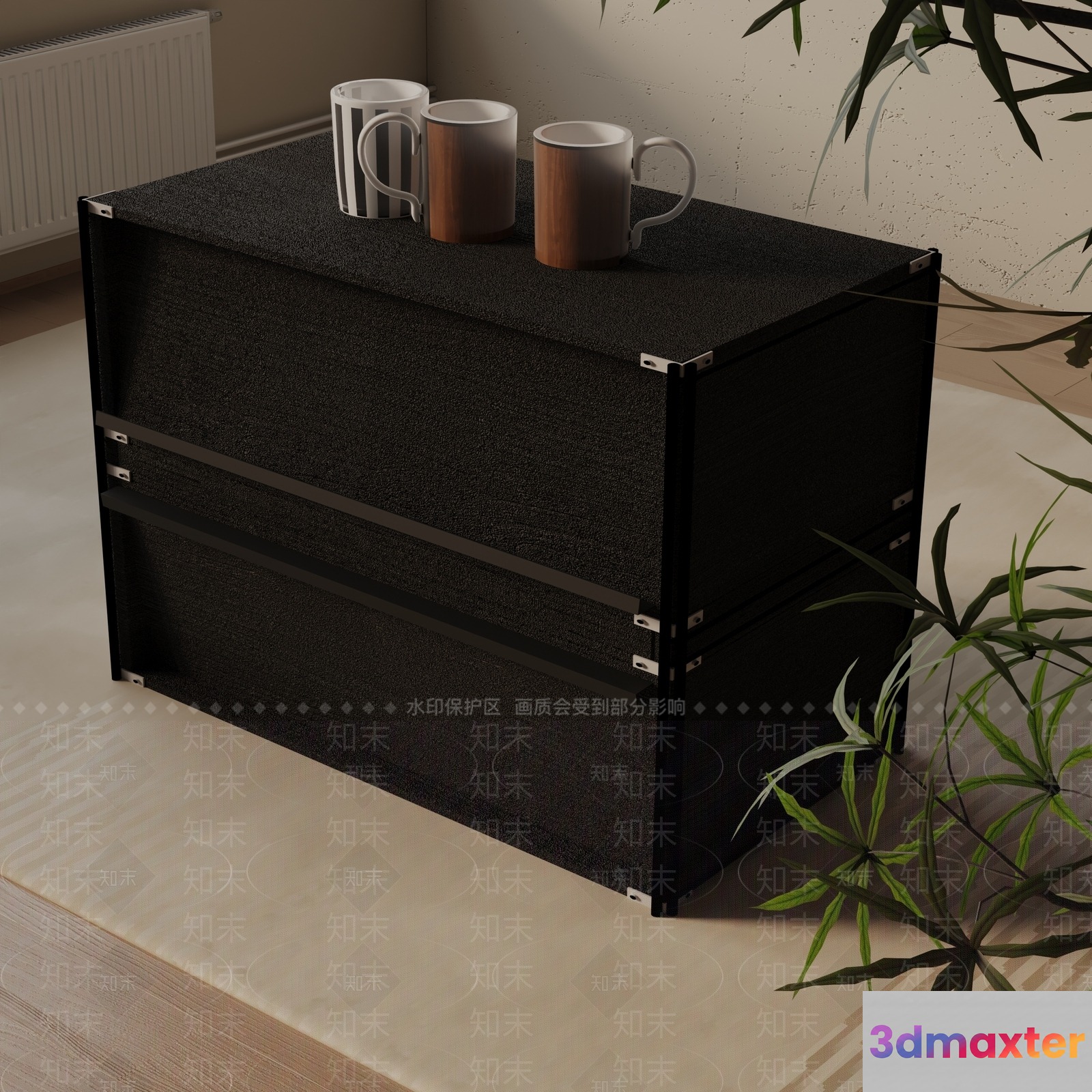 A Black Table With Four Mugs On It 3D Model - 20749 - VRAY Render
