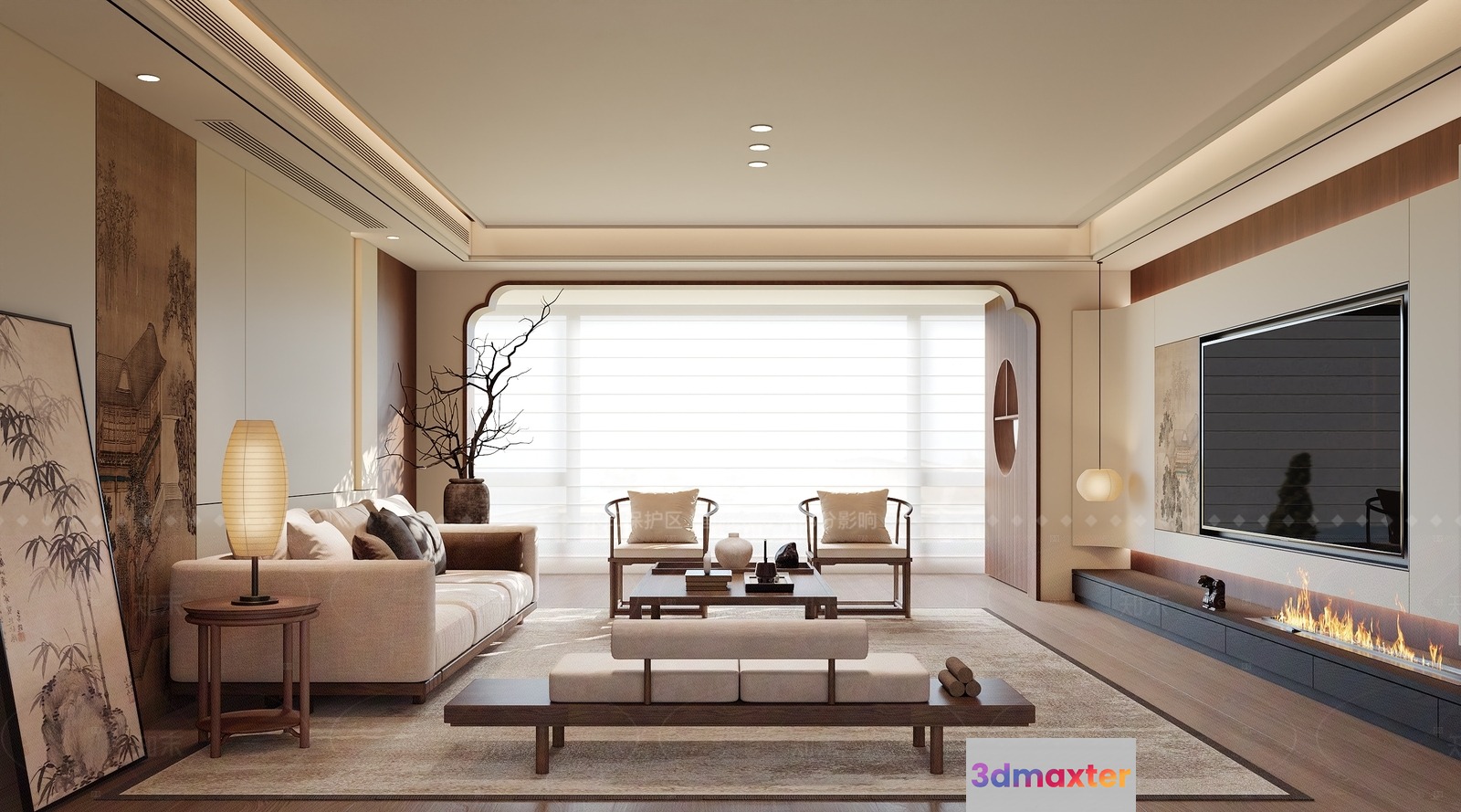 Modern Asian-Inspired Living Room 3D Model - 614 - CORONA Render
