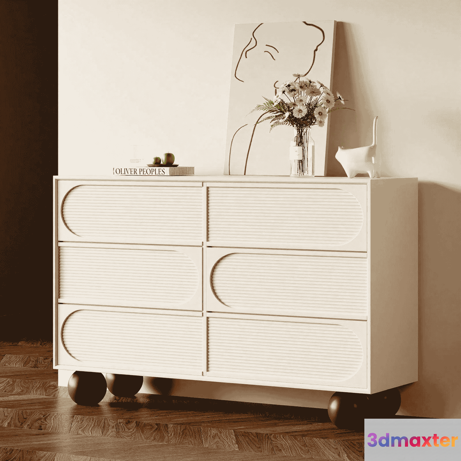 A White Dresser With Ball Feet 3D Model - 15502 - VRAY Render