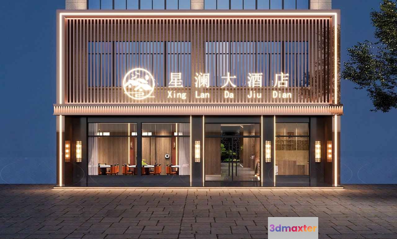 The Main Subject Is A Building With Chinese Characters And A Sign 3D Model - 18772 - CORONA Render