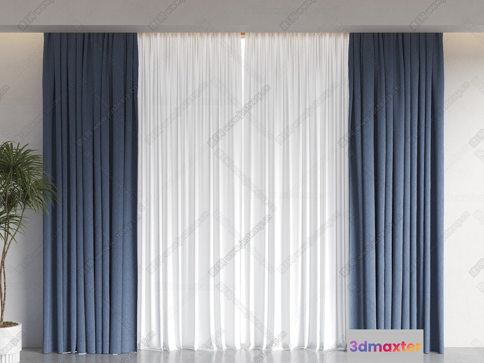 Blue And White Curtains 3D Model - 7260 - VRAY Render