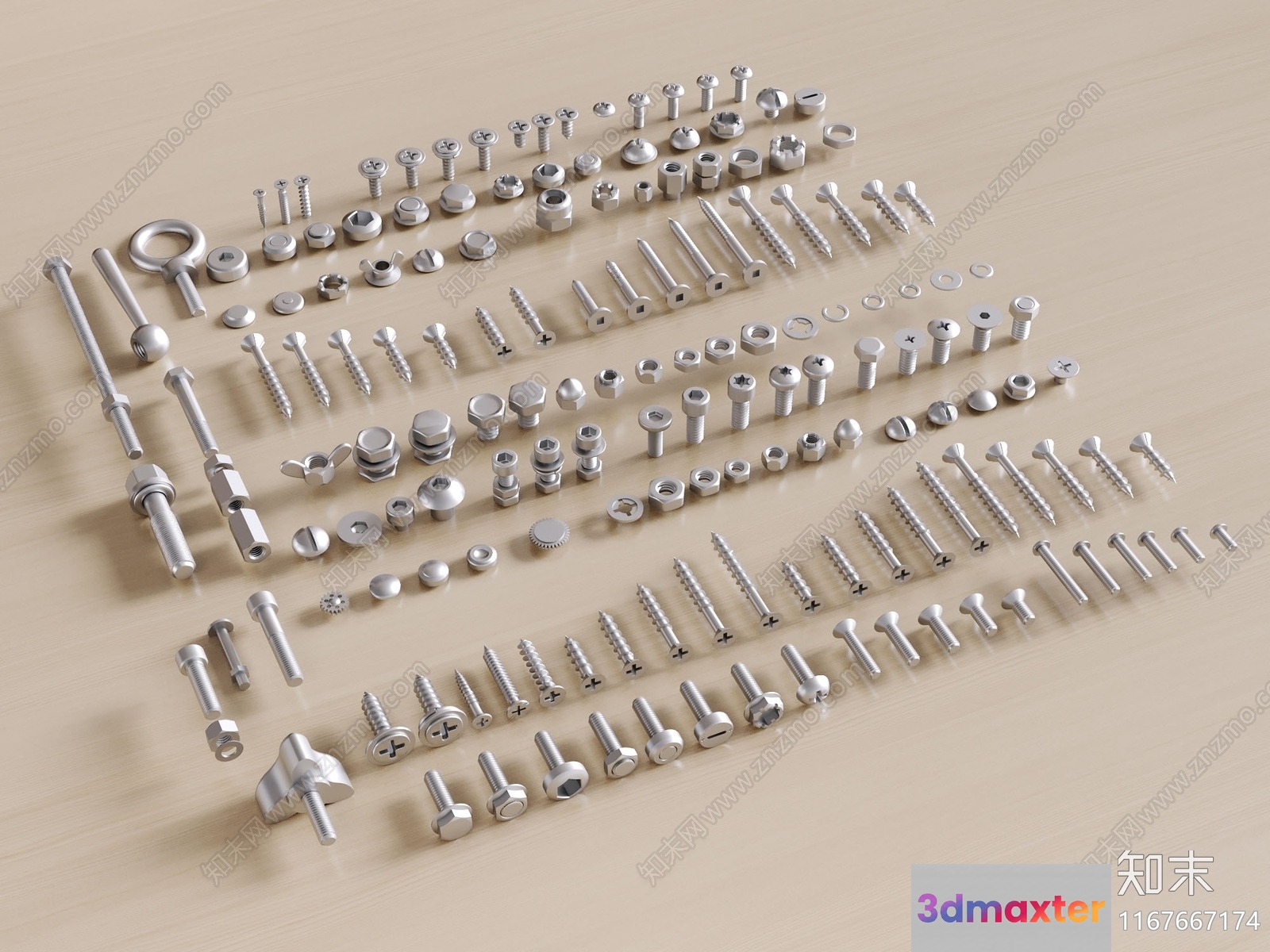 Silver Metal Screws And Bolts 3D Model - 11332 - CORONA Render