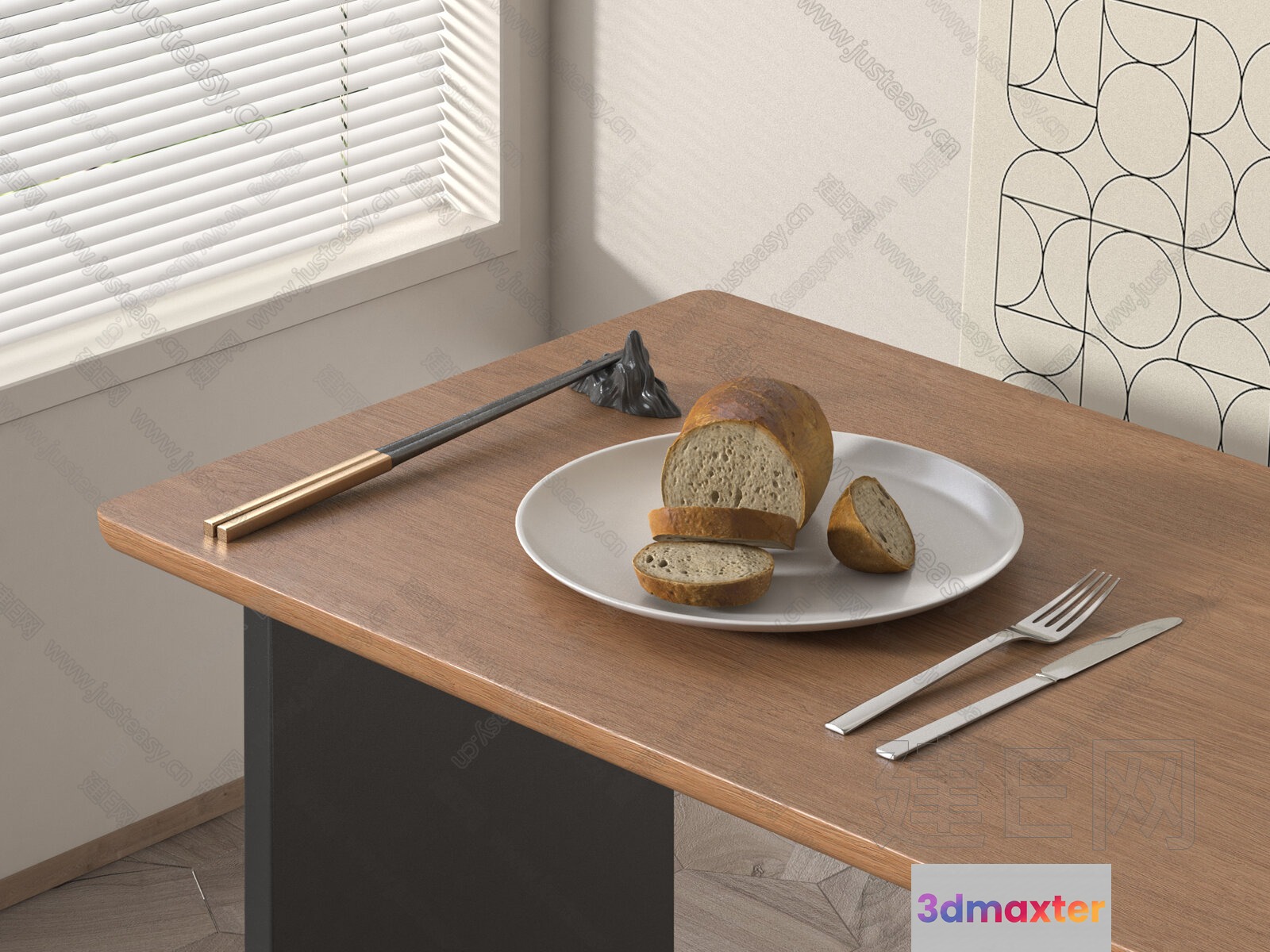 A Wooden Table With A Plate Of Bread And Utensils 3D Model - 14695 - VRAY Render