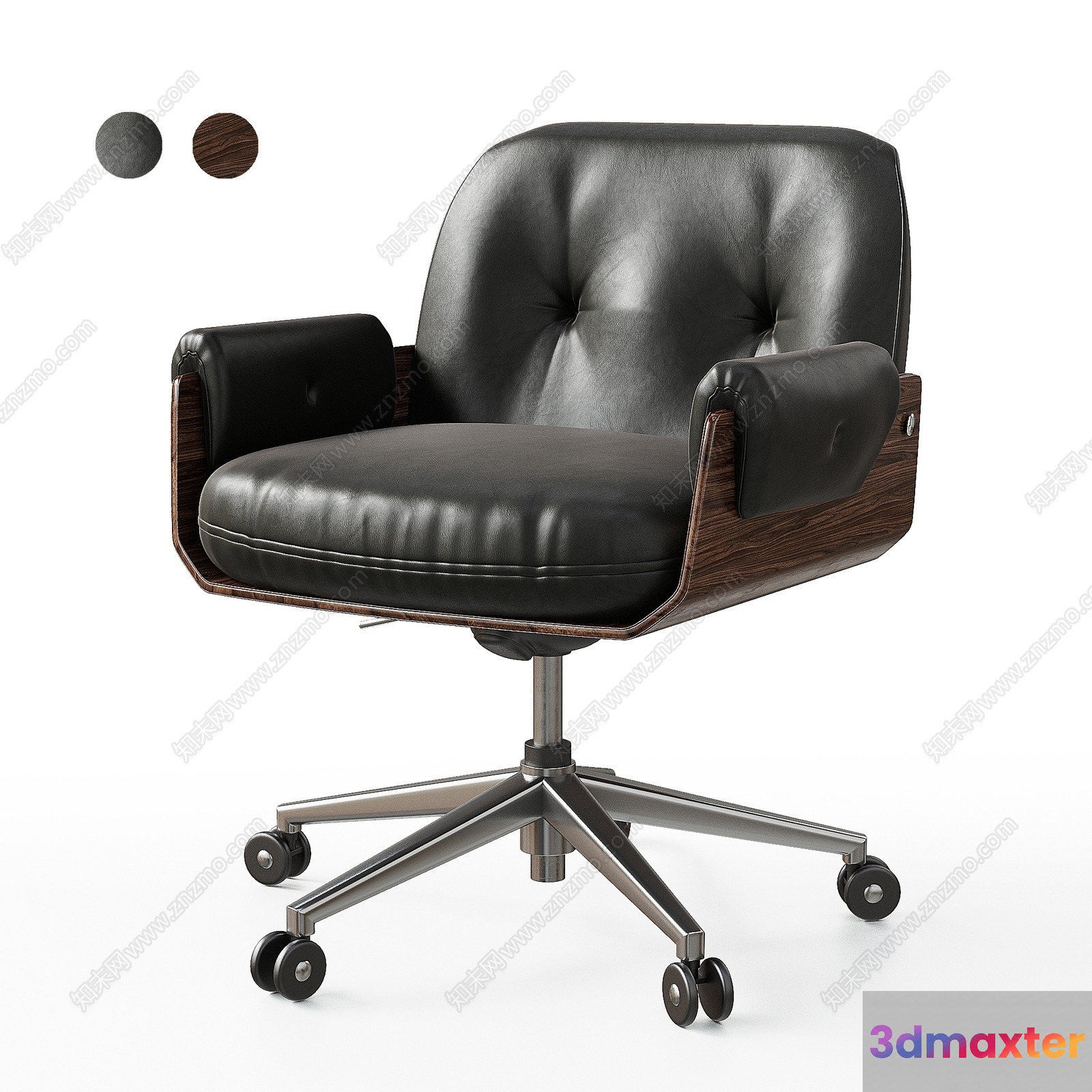 A Black Leather Chair With A Wooden Frame 3D Model - 21825 - VRAY Render