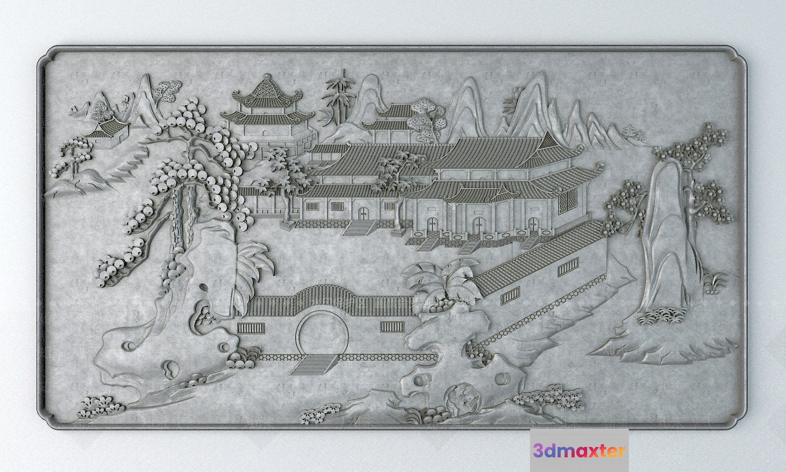 A Gray Stone Carving Of A Chinese Village 3D Model - 2336 - VRAY Render
