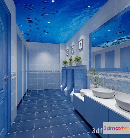 A Bathroom With A Blue And White Color Scheme 3D Model - 21993 - VRAY Render