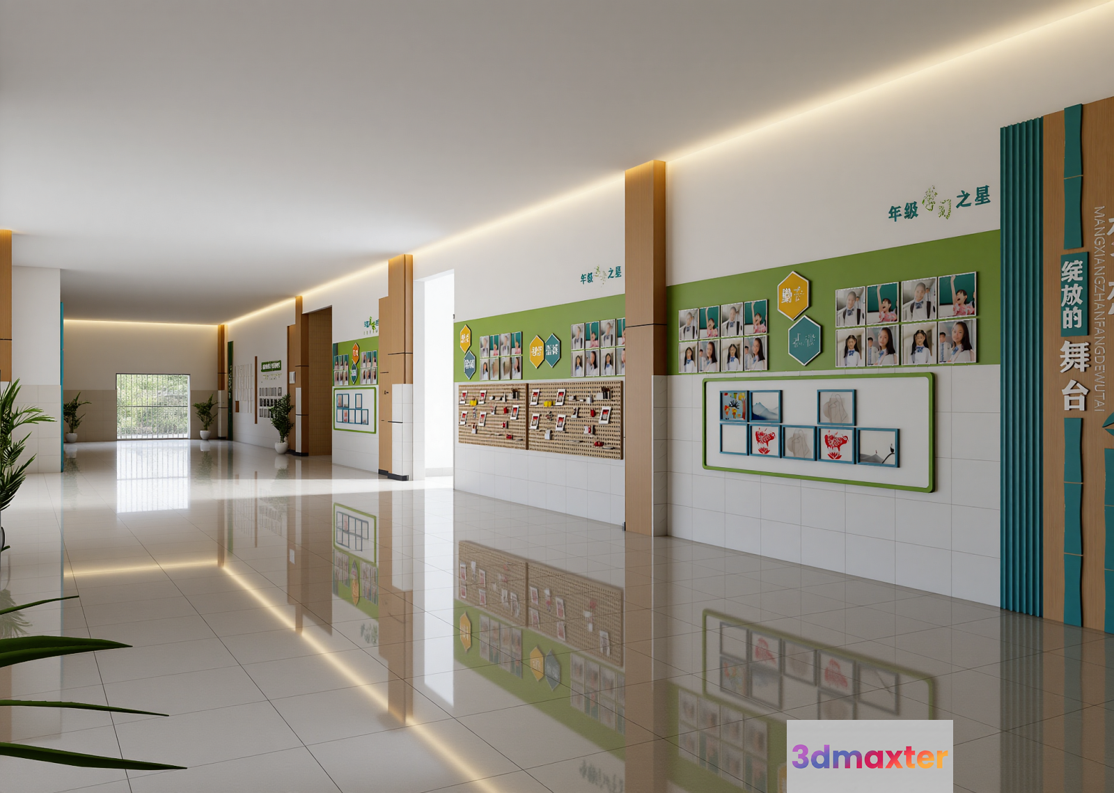 A Long Hallway With A Shiny Floor 3D Model - 9904 - VRAY Render