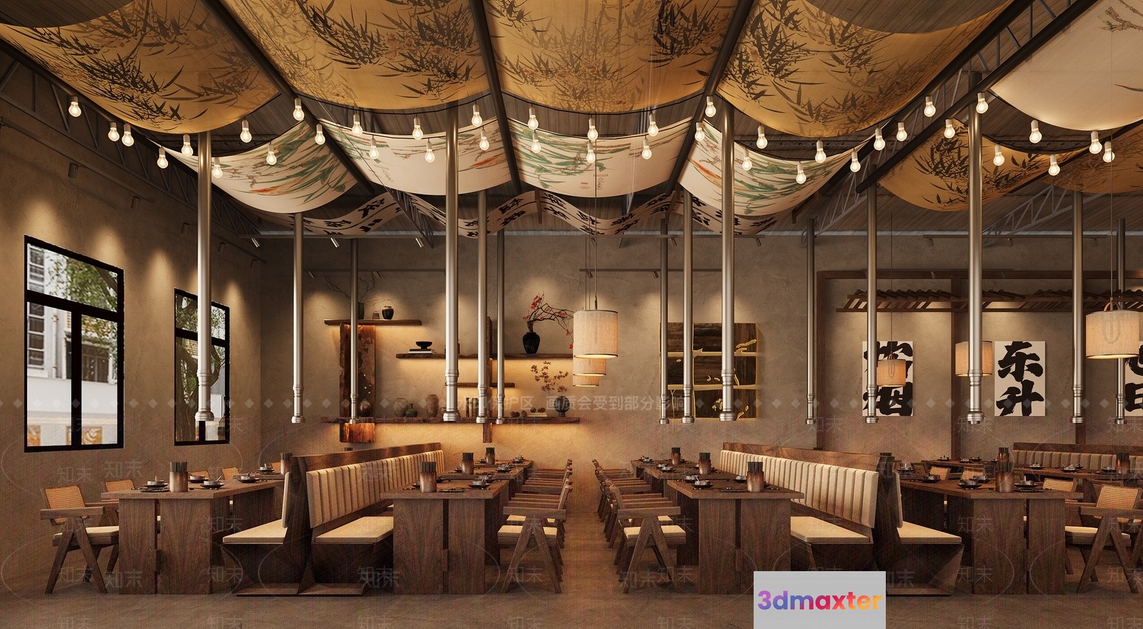 A Large Dining Room With Long Tables And Benches 3D Model - 12610 - CORONA Render