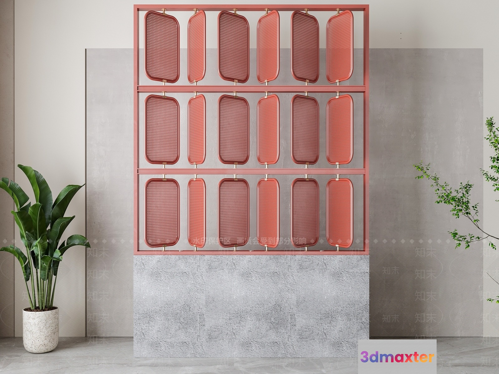 A Modern Shelving Unit With A Pink Metal Frame 3D Model - 1624 - VRAY Render