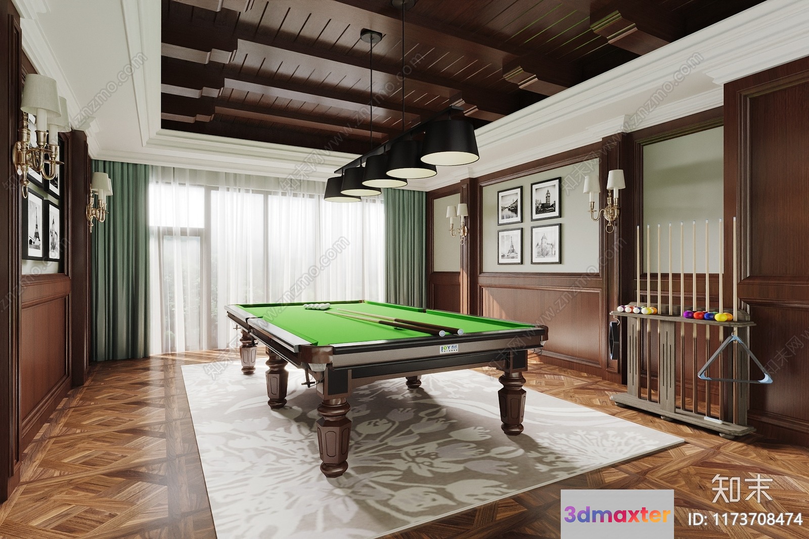 The Main Subject Is A Pool Table With Green Felt 3D Model - 1308 - VRAY Render