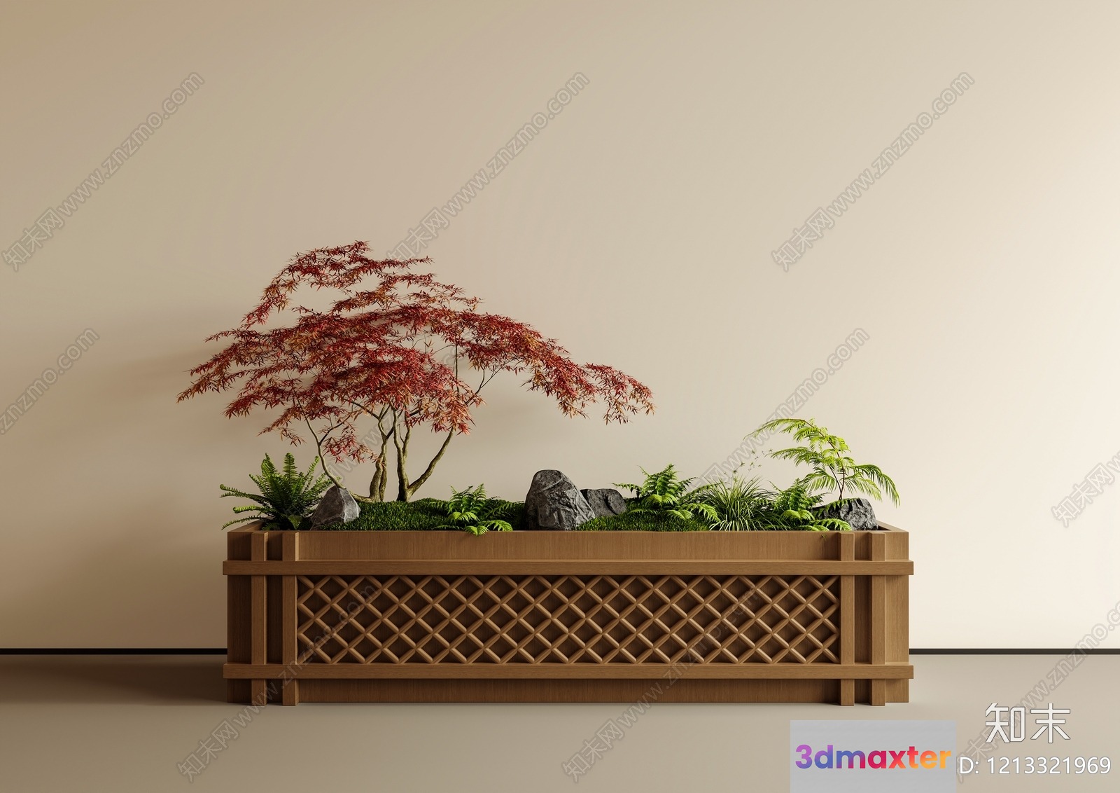 A Wooden Planter With A Japanese Maple Tree 3D Model - 11924 - VRAY Render