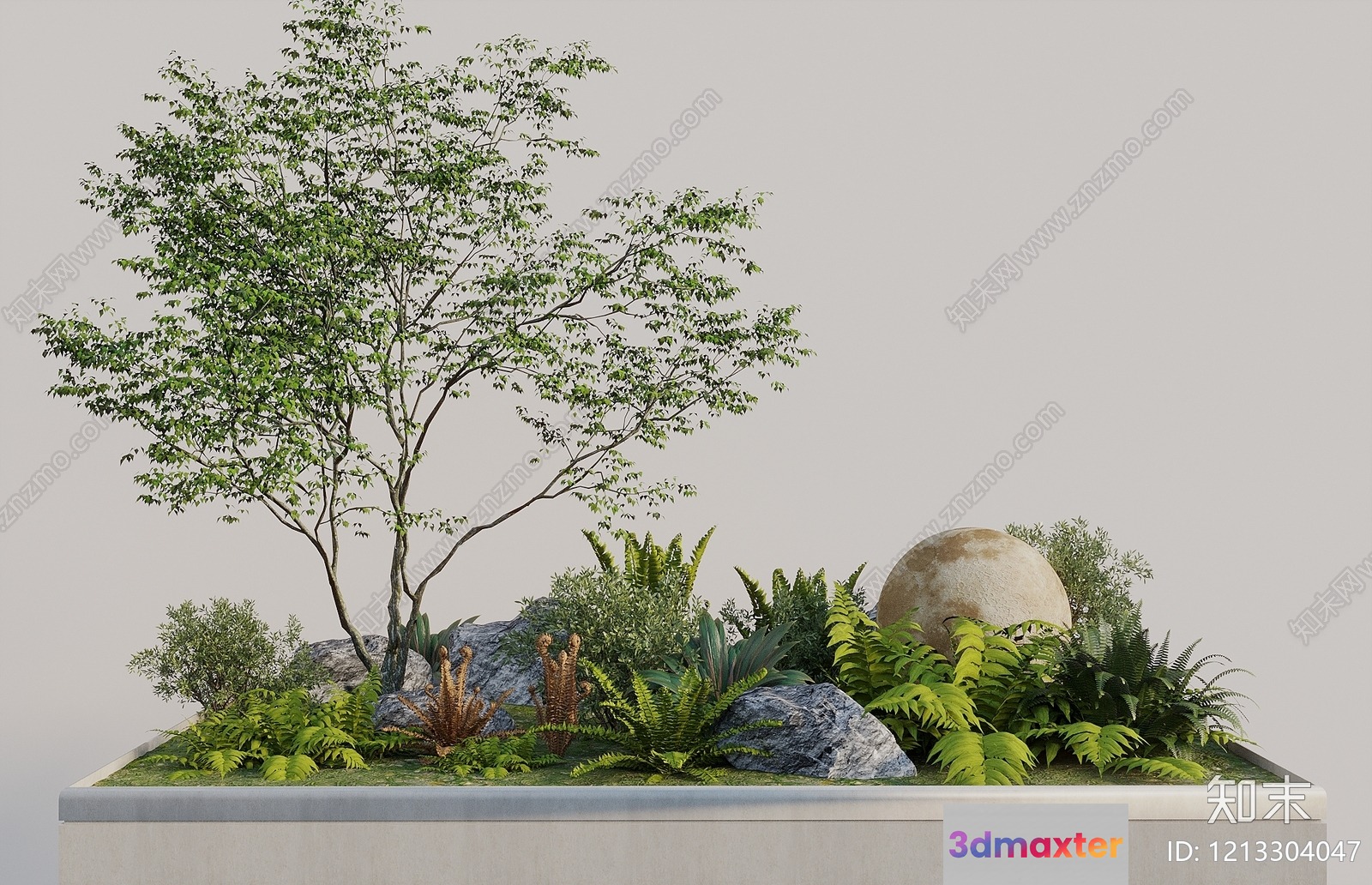 A Rectangular Planter With A Tree And Rocks 3D Model - 5520 - VRAY Render