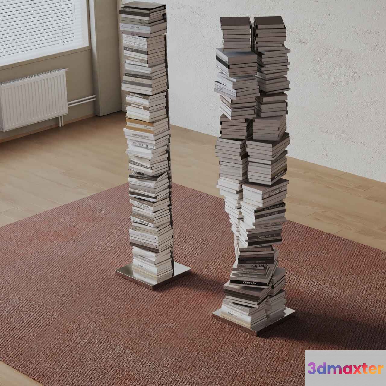 Two Tall Thin Book Sculptures Made Of White Books Stacked On Metal Bases 3D Model - 7864 - VRAY Render