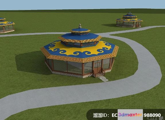 A Mongolian Ger With A Yellow And Blue Roof 3D Model - 8738 - VRAY Render