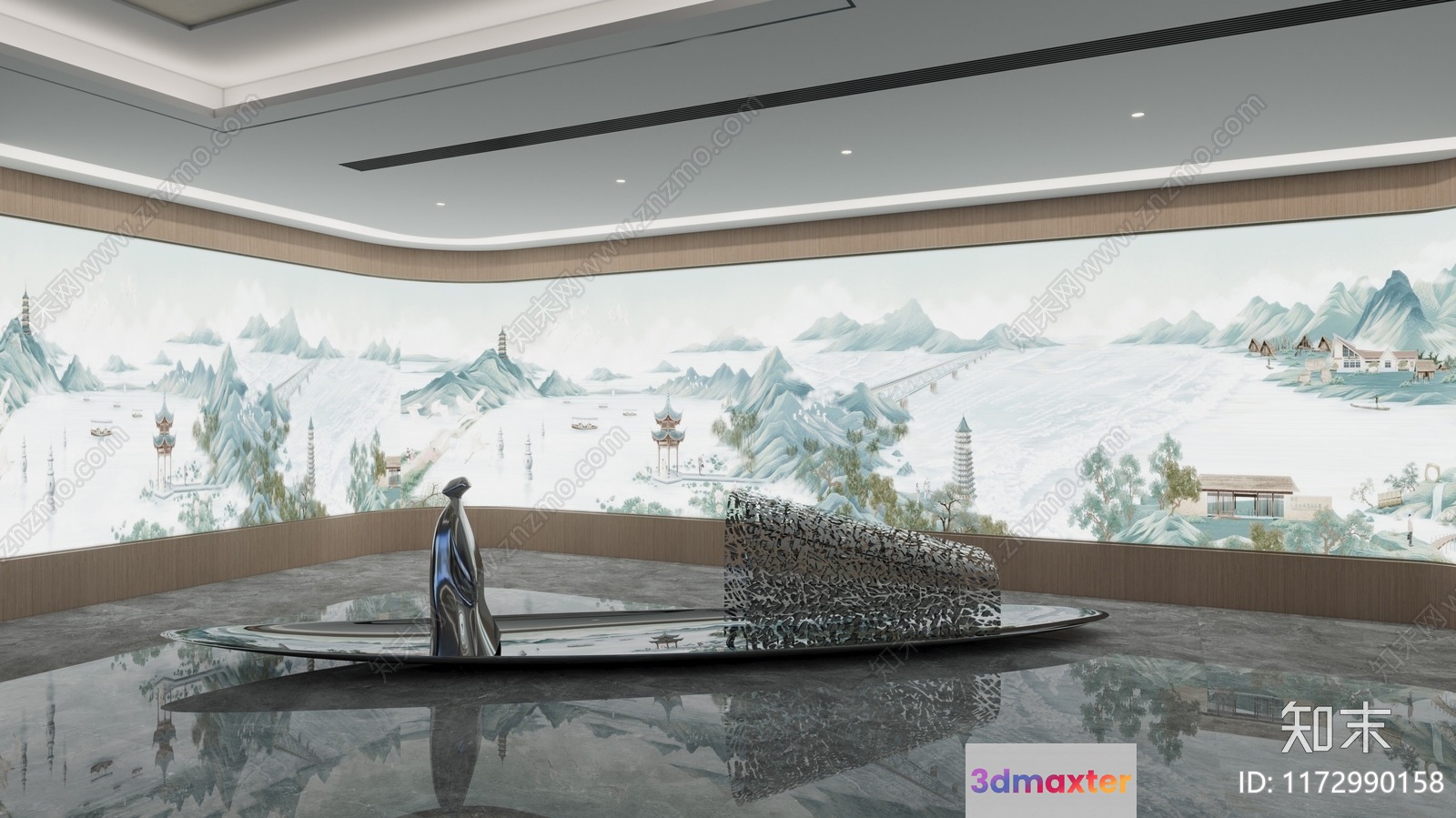 A Large Room With A Mural On The Wall And A Statue In The Center 3D Model - 6663 - CORONA Render