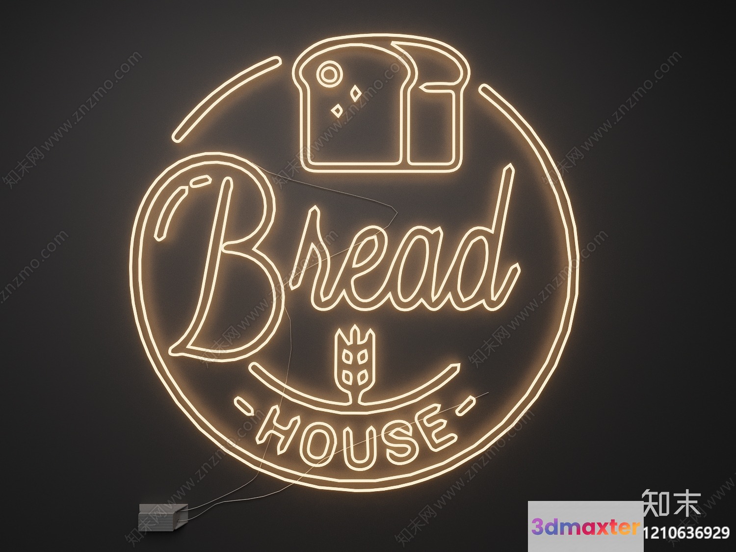 A Neon Sign For A Bread House Likely Used To Advertise A Bakery 3D Model - 1442 - VRAY Render