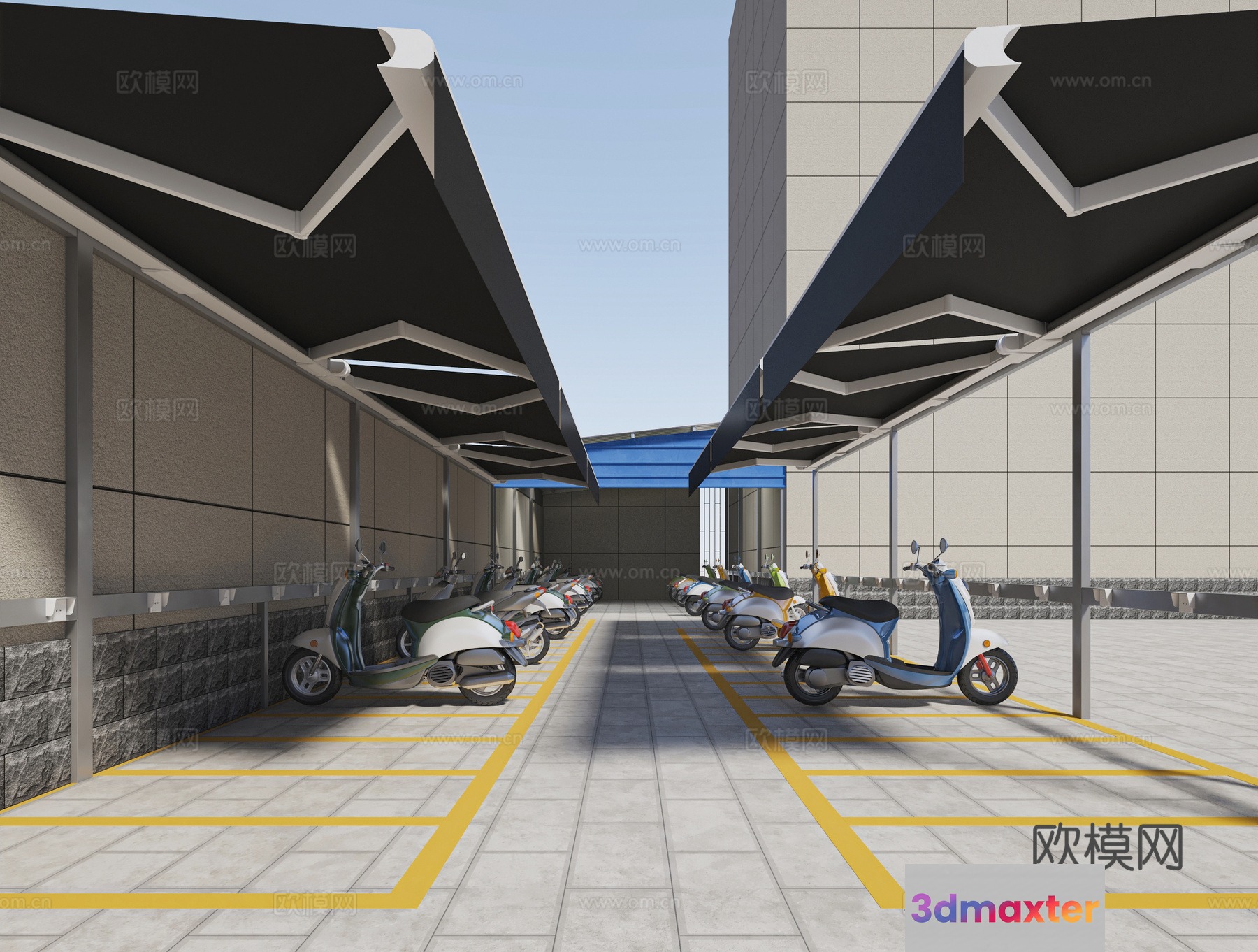 A Parking Lot With Scooters 3D Model - 20105 - VRAY Render