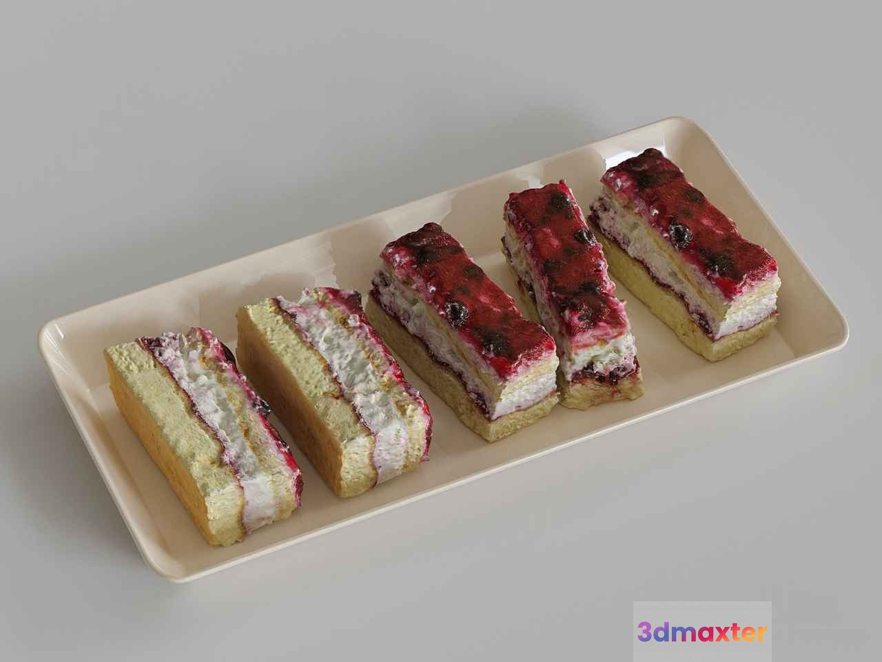 A Rectangular White Plate With Five Small Cakes 3D Model - 13077 - VRAY Render
