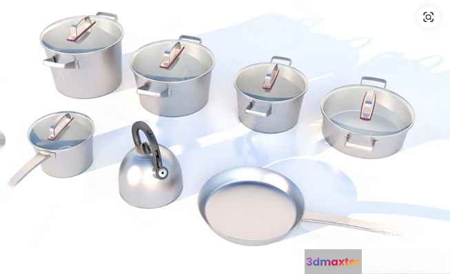 A Set Of Stainless Steel Cookware 3D Model - 11434 - VRAY Render