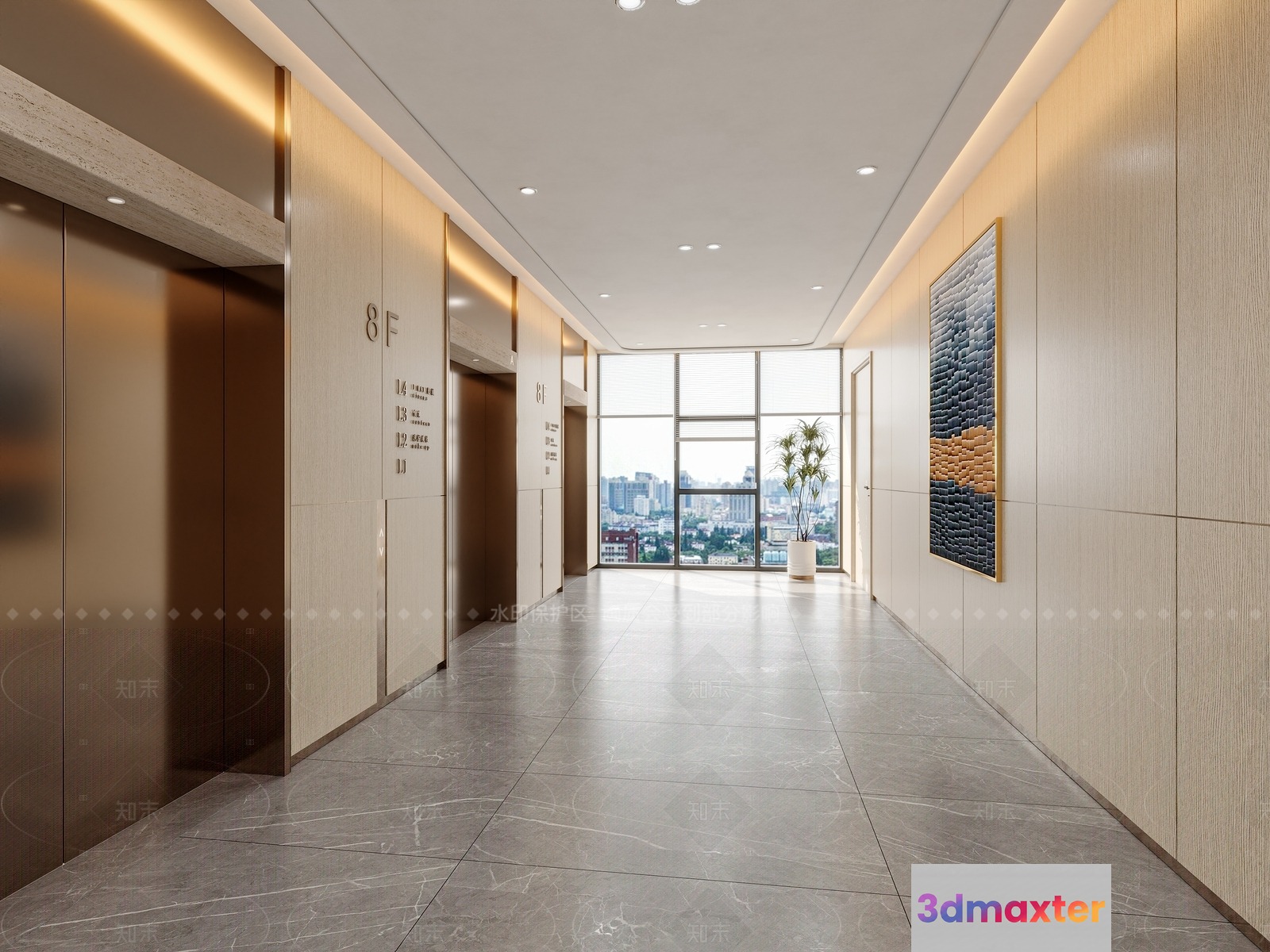 A Modern Hallway With Elevators 3D Model - 4216 - CORONA Render