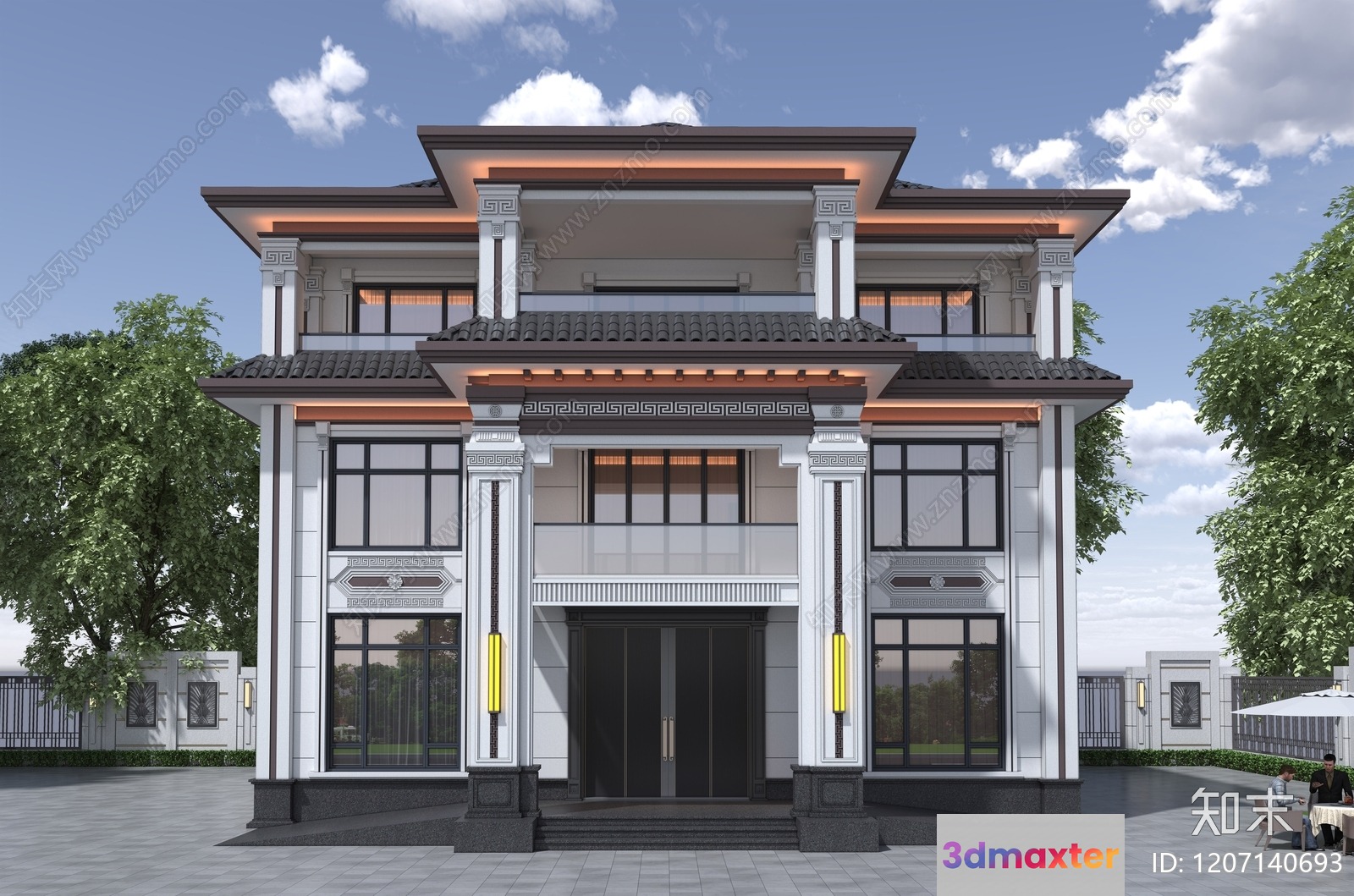 A Large Two-Story House With A Balcony And A Front Door 3D Model - 1131 - CORONA Render