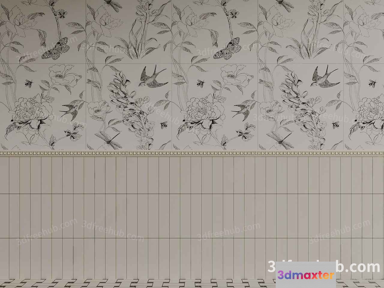 The Main Subject In This Image Is A Gray Wallpaper With A Floral And Bird 3D Model - 21923 - VRAY Render