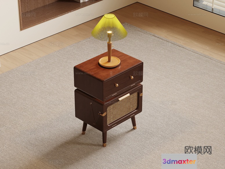 A Mid-Century Modern-Style Nightstand With A Lamp 3D Model - 14607 - VRAY Render