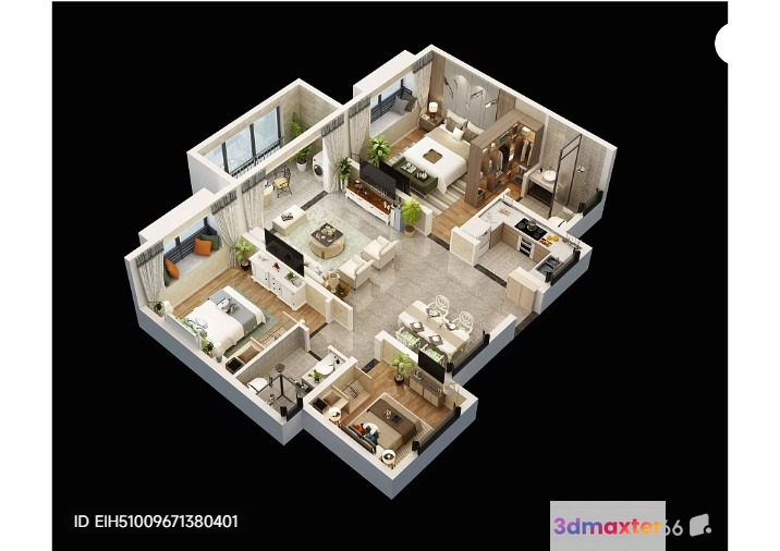 A 3D Floor Plan Of A House 3D Model - 1899 - VRAY Render
