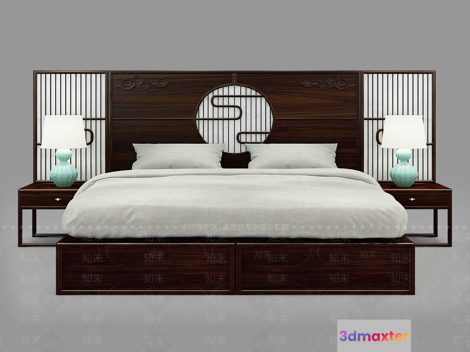 A Dark Wood Bed With A Circular Headboard 3D Model - 17708 - VRAY Render