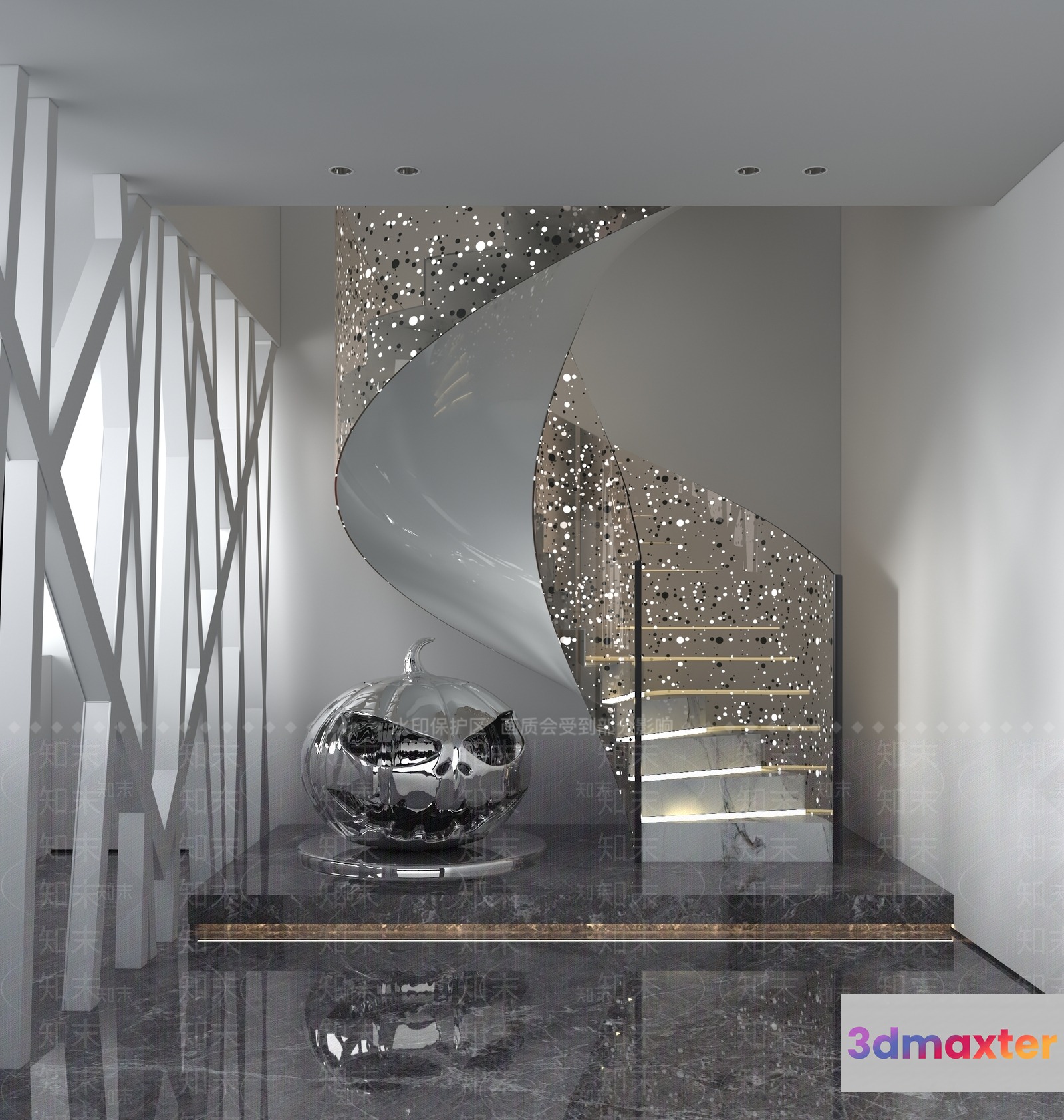 A Modern Spiral Staircase With A Silver Pumpkin Sculpture 3D Model - 12763 - VRAY Render