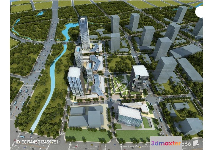 A 3D Rendering Of A Cityscape With Buildings And Roads 3D Model - 3064 - VRAY Render