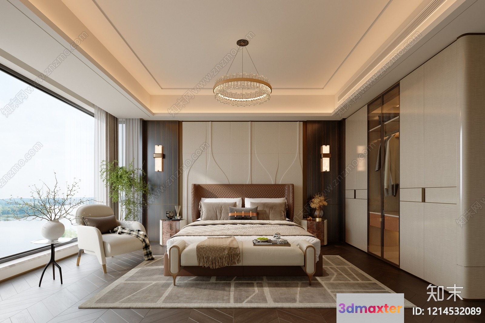 Modern Bedroom With A Bed And Closet 3D Model - 13754 - VRAY Render