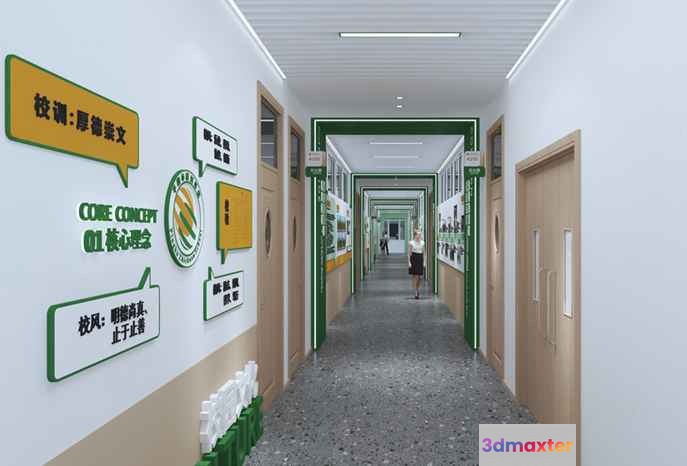 A Long Narrow Hallway With A Woman Walking Down It 3D Model - 14597 - VRAY Render