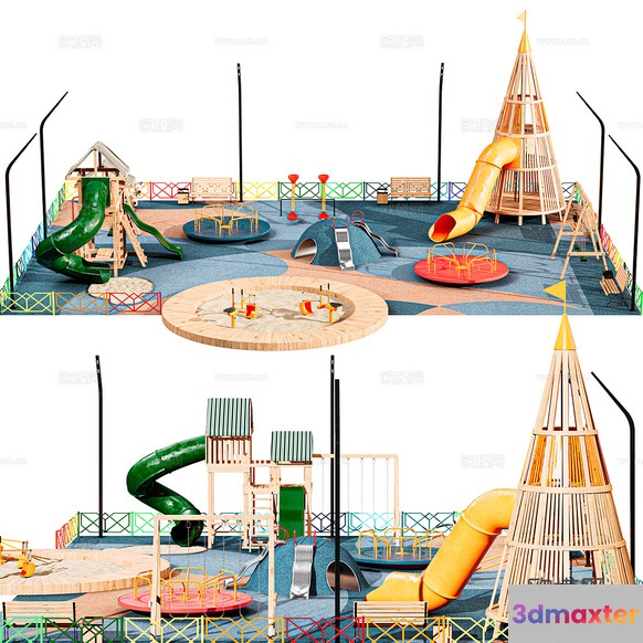 A Large Playground With Various Slides And Climbing Structures 3D Model - 9613 - CORONA Render