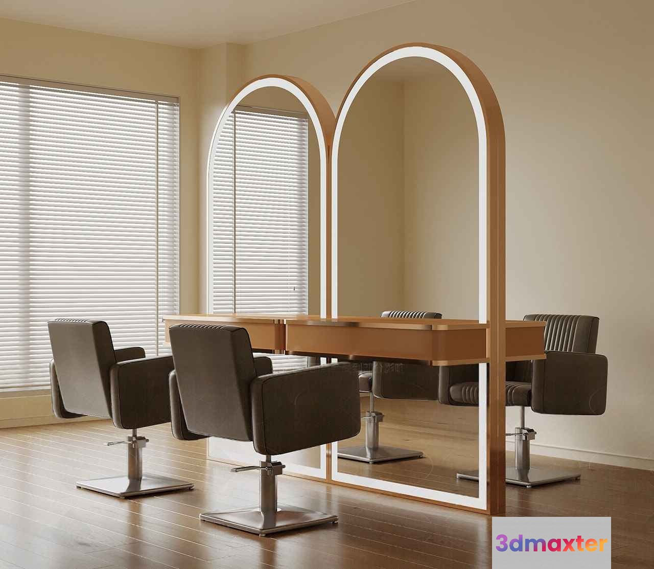 A Modern Salon With Large Mirrors And Brown Chairs 3D Model - 3697 - VRAY Render