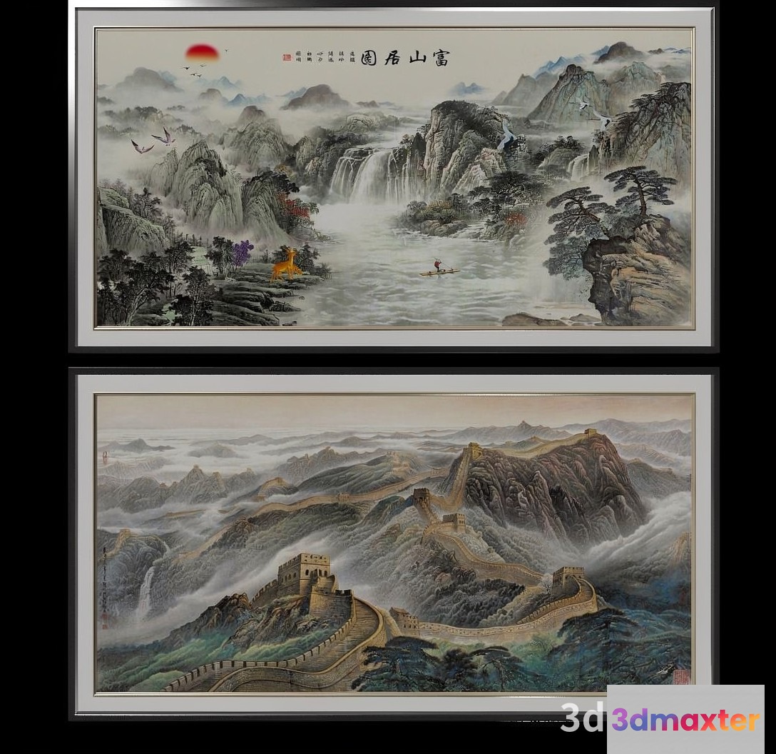 The Image Features Two Framed Paintings Of Mountains 3D Model - 22293 - VRAY Render