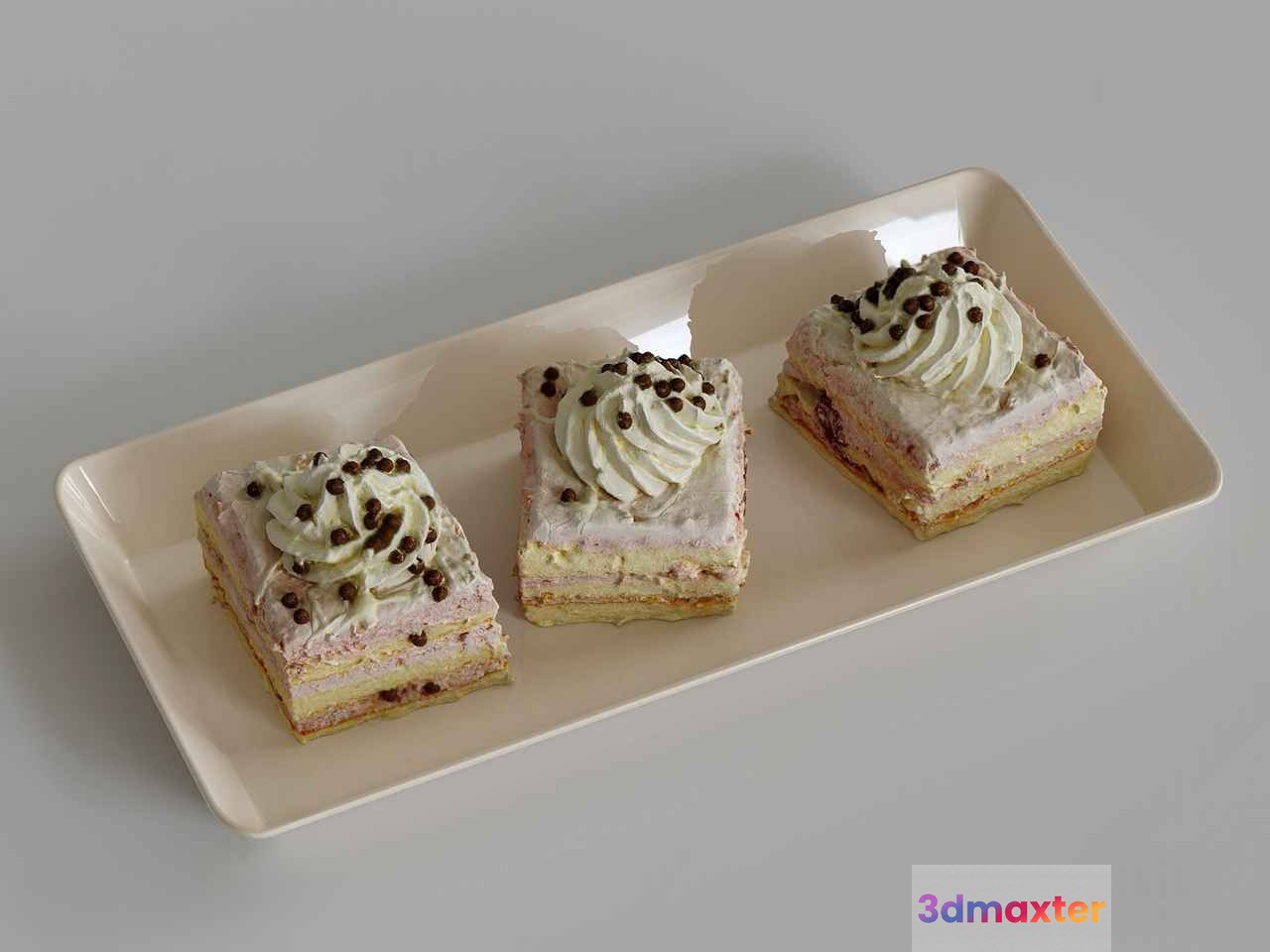 Three Square Desserts On A Plate 3D Model - 13078 - VRAY Render