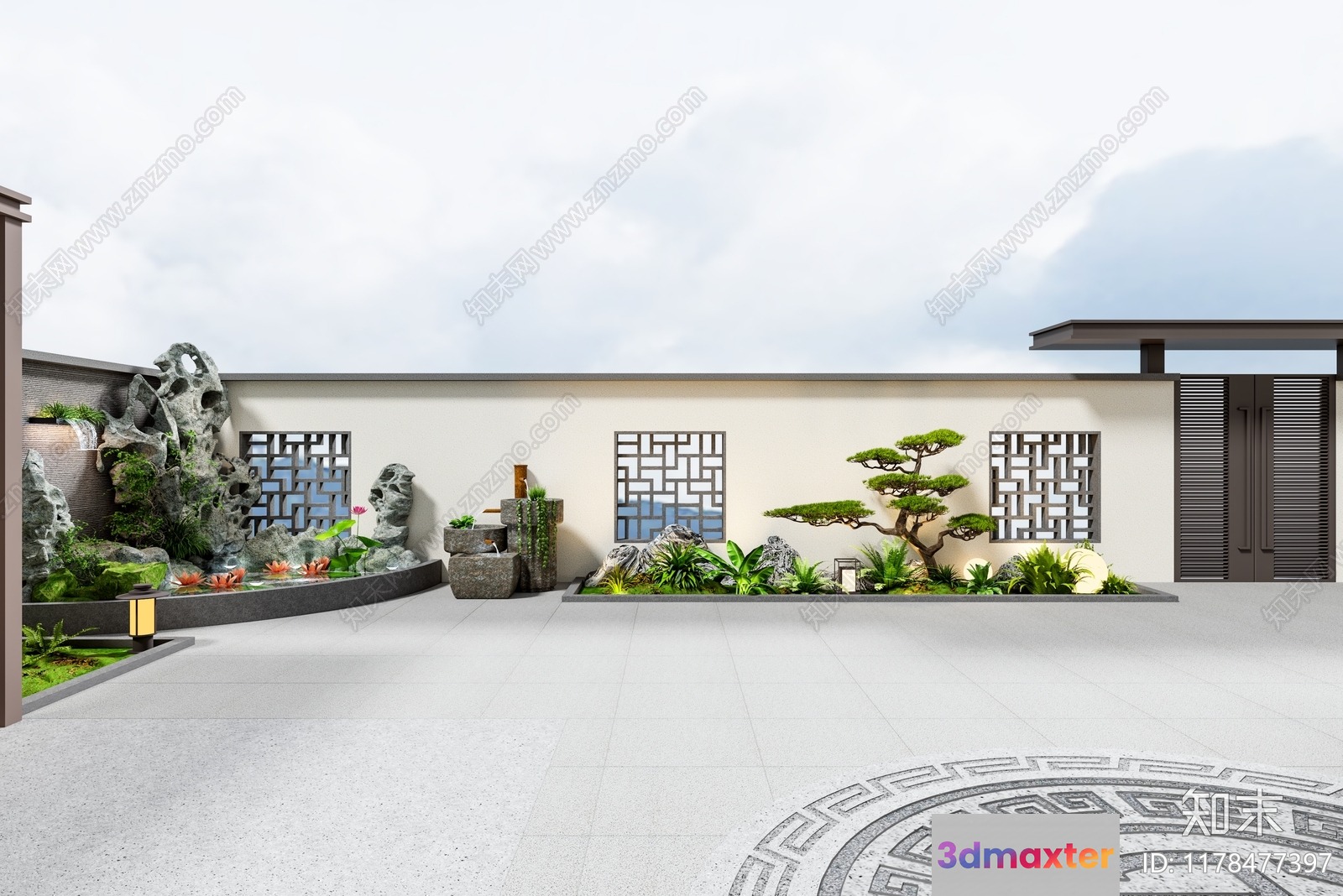 A Japanese-Style Garden With A Stone Wall 3D Model - 18385 - VRAY Render