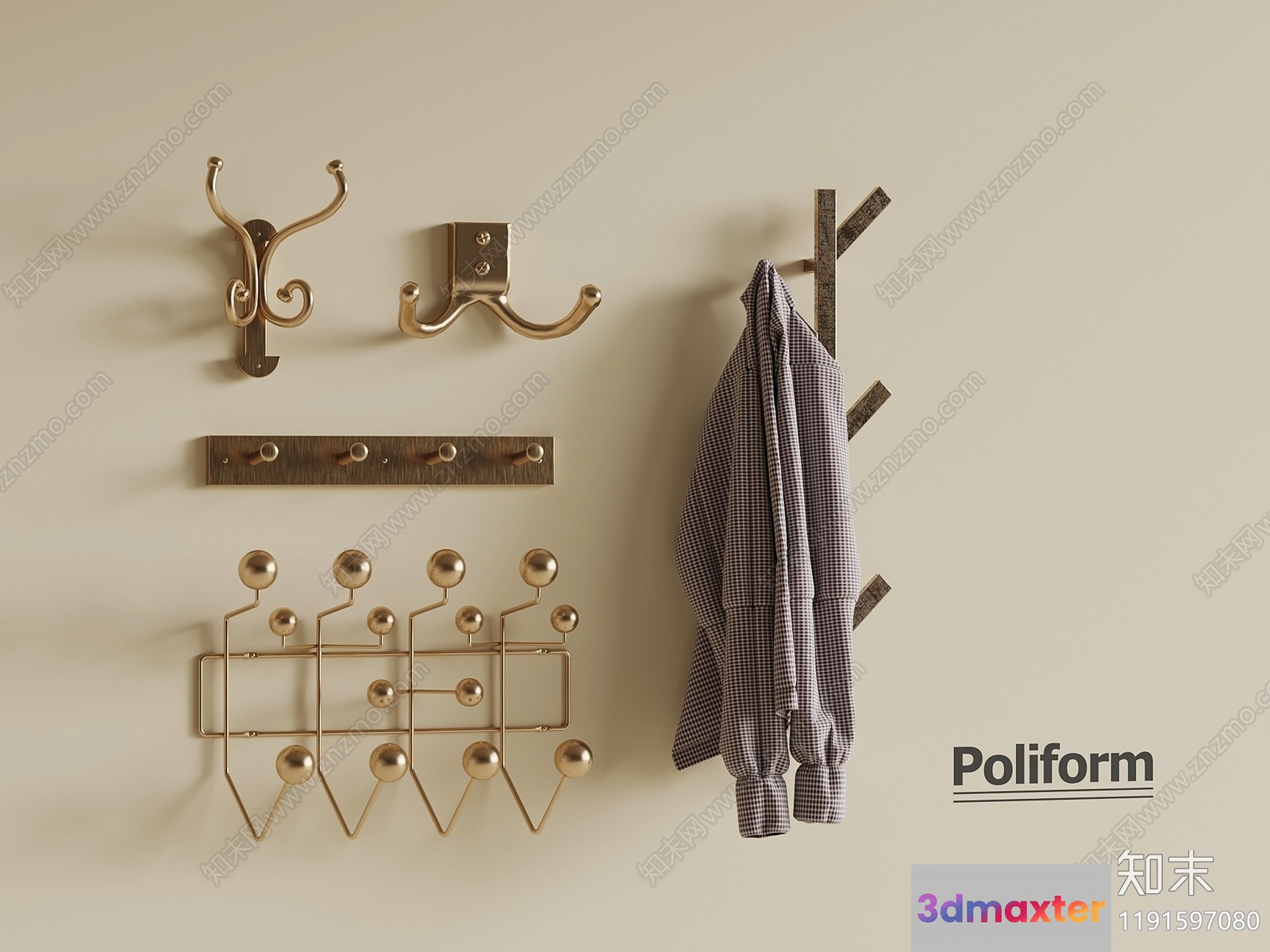 Coat Hooks On A Wall 3D Model - 14619 - VRAY Render