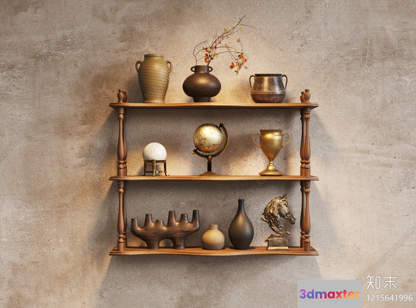A Wooden Shelf With Various Objects On It 3D Model - 10187 - VRAY Render